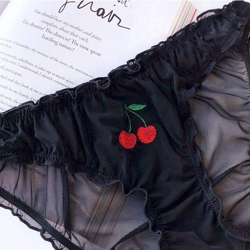 Black Ruched Fruit Applique Mesh Sheer Panties - Picture 5 of 16
